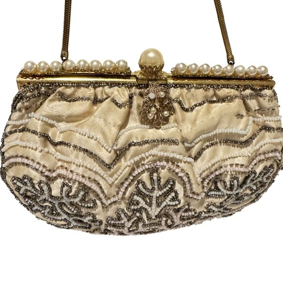 Vintage Handmade Bag Womens Silk Cream 60s Beaded Pearls French Mini Handbag - Picture 4 of 8